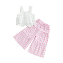(3-4 Years, Pink) Conjunto 2 peças menina: blusa regata bordada e calça pantalona xadrez com cintura elástica.