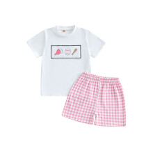 (6-7 Years, Red) Conjunto de roupa infantil de verão: camiseta de beisebol bordada e shorts xadrez.