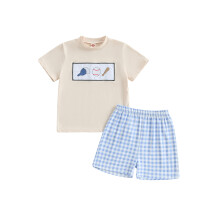 (4-5 Years, Sky Blue) Conjunto de roupa infantil de verão: camiseta de beisebol bordada e shorts xadrez.