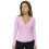 (L, Pink) Women Long Sleeve Sweaters Solid Color V Neck Cable Knit Slim Fit Stretchy Pullover 1