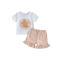 (6-12 Months, Pink) Conjunto de verão para bebê menina: camiseta curta com bordado de coelhinho e shorts xadrez com babados.