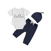 (Newborn, Navy Blue) Conjunto de verão para bebês: macacão de manga curta, calça e chapéu (3 peças)