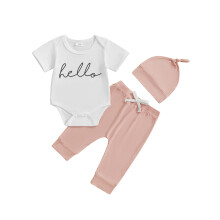 (0-3 Months, Pink) Conjunto de verão para bebês: macacão de manga curta, calça e chapéu (3 peças)