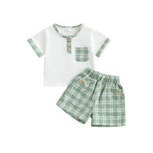 (18-24 Months, Green) Conjunto de verano para bebé: camiseta corta con cuello redondo y pantalones cortos a cuadros.