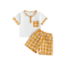 (18-24 Months, Khaki) Conjunto de verano para bebé: camiseta corta con cuello redondo y pantalones cortos a cuadros.