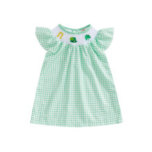(18-24 Months, Green) Gyerek lányka ruha, légykapucnis ujjú, kerek nyakú, hímzett, lóhere mintás, kockás ruha, hétköznapi, partira