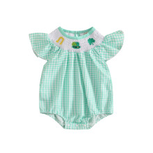 (0-3 Months, Green) Tutina casual primaverile per neonati, verde, a maniche corte svolazzanti, con ricamo a quadri e motivo a trifoglio.