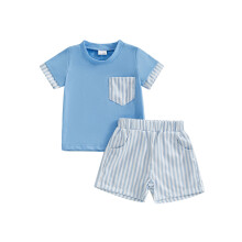 (12-18 Months, Sky Blue) Conjunto de shorts para bebê e criança, com camiseta de manga curta e shorts listrados. Roupa de verão de 2 peças.