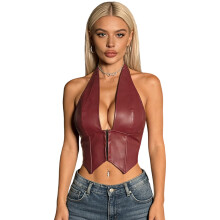 (M, Red) Women Faux Leather Tank Tops Solid Color Deep V-Neck Cross Tie-Up Back Sleeveless Halter Vests Clubwear Streetwear