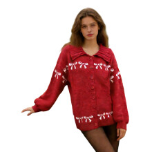 (L, Red) Valentine's Day Women's Cardigan Sweater Lantern Long Sleeve Lapel Neck Button Down Knit Jacket