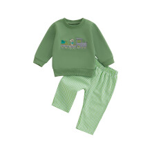 (3-4 Years, Green) Conjunto infantil masculino 2 peças: moletom bordado e calça xadrez, ideal para a primavera.