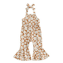 (2-3 Years, Yellow) Tuta intera estiva per bambina con stampa floreale, senza maniche, scollo all'americana e pantaloni a zampa.