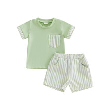 (18-24 Months, Green) Conjunto de shorts para bebê e criança, com camiseta de manga curta e shorts listrados. Roupa de verão de 2 peças.