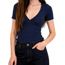 (S, Navy Blue) Women's Slim Fit Tops Fashionable Dot Print Short Sleeve V Neck T Shirt for Casual Daily Wear