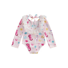 (4-5 Years, Pink) Badeanzug für Kleinkinder, Rashguard, Krabbenmuster, lange Ärmel, Rundhalsausschnitt, Rückenschnürung, Rüschen