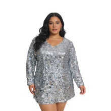 (XXXL, Silver) Women Plus Size Sequin Dress Solid Sparkly Long Sleeve V Neck A-line Short Dresses for Daily Office Party