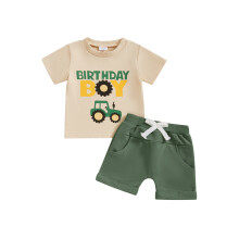 (6-12 Months, Green) Conjunto de aniversário para menino com estampa de trator, contém camiseta e shorts elásticos.