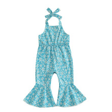 (6-12 Months, Blue) Tuta intera estiva per bambina con stampa floreale, senza maniche, scollo all'americana e pantaloni a zampa.