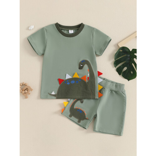 (5-6 Years, Army Green) Καλοκαιρινά ρούχα νήπια απλικέ δεινόσαυρο. 2