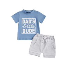 (12-18 Months, Blue) Zomerse shortsets voor jongens: tops met ronde hals en letterprint, set met short en effen kleur.