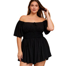 (XXL, Black) Women's Summer Plush Size Romper Solid Color Short Sleeve Square Neck Wide Leg Shorts Playsuit