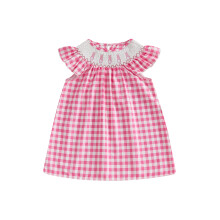 (4-5 Years, Pink) Mädchenkleid mit Karomuster, asymmetrischen Ärmeln, Rundhalsausschnitt, Hasenstickerei, Partykleid, Sommerkleid