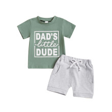 (12-18 Months, Green) Zomerse shortsets voor jongens: tops met ronde hals en letterprint, set met short en effen kleur.