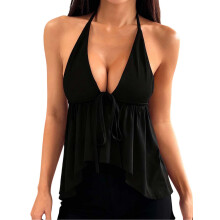 (S, Black) Women's Summer Halter Neck Tops Fashionable Solid Color Sleeveless Deep V Neck Open Back Vest