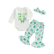 (6-12 Months, Green) Conjunto de outono para bebê menina: macacão de manga longa com estampa, calça flare de laço e faixa de cabelo.