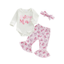 (0-3 Months, Pink) Conjunto de outono para bebê menina: macacão de manga longa com estampa, calça flare de laço e faixa de cabelo.