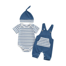 (3-6 Months, Blue) Conjunto de verão para bebê menino: macacão listrado, calça com suspensórios e chapéu.
