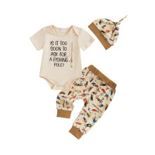 (3-6 Months, Beige) Conjunto 3 peças bebê menino: macacão curto letras, calça peixes e chapéu.