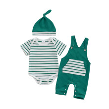 (9-12 Months, Green) Conjunto de verão para bebê menino: macacão listrado, calça com suspensórios e chapéu.