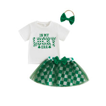 (3-4 Years, White) Conjunto infantil feminino verão: saia, camiseta de manga curta com estampa e faixa de cabelo.