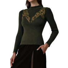 (M, Army Green) Women's Knit Sweaters Long Sleeve Mock Neck Lace Patchwork Pullovers Slim Fit Tops