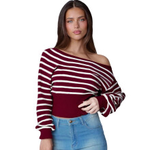 (S, Burgundy) Women's Knit Sweaters Off Shoulder Long Sleeve Stripes Print Pullovers Loose Fit Tops