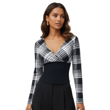 (L, Black) Women's Knit Long Sleeve Tops Plaid Patchwork Wrap V-Neck Slim Fit T-Shirt Casual Shirts Streetwear