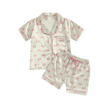 (12-18 Months, Pink) Komplet letnich piżam dla dziewczynek, z kokardką, guzikami, dekoltem w serek, bluzką i spodenkami, 2 sztuki