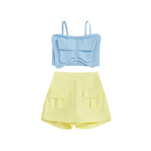 (4-5 Years, Blue) Conjunto de verão para menina pequena, composto por blusa regata lisa com estampa de borboleta e shorts (2 peças).