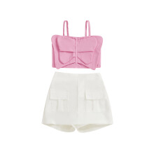 (18-24 Months, Ivory) Conjunto de verão para menina pequena, composto por blusa regata lisa com estampa de borboleta e shorts (2 peças).