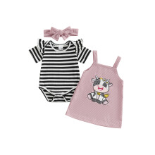 (3-6 Months, Dark Pink) Conjunto de verão para bebê menina: body curto, saia com suspensórios de estampa de vaca e faixa de cabelo.