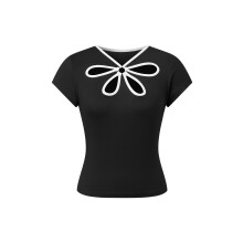(L, Black) Women T-shirt, Short Sleeve Hollowed Slim Fit Summer Tops Streetwear for Casual Daily
