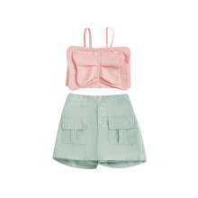 (3-4 Years, Pink) Conjunto de verão para menina pequena, composto por blusa regata lisa com estampa de borboleta e shorts (2 peças).