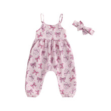 (12-24 Months, Pink) Jumpsuit voor meisjes, met spaghettibandjes, strikjesprint en hoofdband, perfect voor Valentijnsdag.