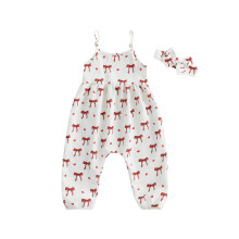 (12-24 Months, White) Jumpsuit voor meisjes, met spaghettibandjes, strikjesprint en hoofdband, perfect voor Valentijnsdag.