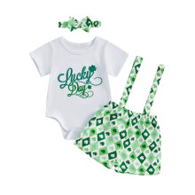 (12-1 Months, Light Green) Conjunto infantil feminino com estampa irlandesa: body curto, shorts com suspensórios e faixa com laço (3 peças).