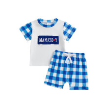 (6-9 Months, White) Zomerse shortsets voor jongens: tops met korte mouwen en ronde hals, en geruite shorts met trekkoord.