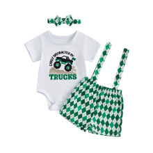 (3-6 Months, Forest Green) Conjunto infantil feminino com estampa irlandesa: body curto, shorts com suspensórios e faixa com laço (3 peças).
