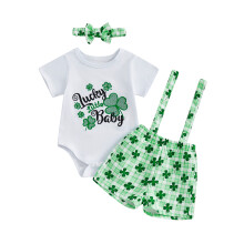(3-6 Months, Green) Conjunto infantil feminino com estampa irlandesa: body curto, shorts com suspensórios e faixa com laço (3 peças).