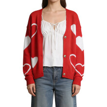 (M, Red) Women's Valentine's Day Cardigan Casual Long Sleeve V Neck Heart Print Button Down Sweater Outwear